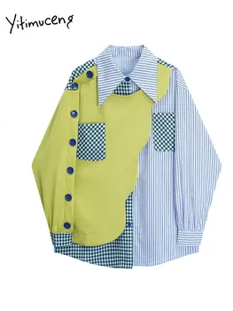 Yitimuceng Поддельная женская рубашка из двух частей 2023 Новая мода Винтажная асимметричная клетчатая рубашка Шикарная уличная одежда Свободные топы Y2k