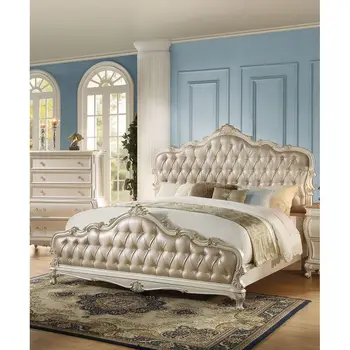 Двуспальная кровать из розового золота PU и жемчужно-белого цвета 93x84x68 дюймов[US-Stock]