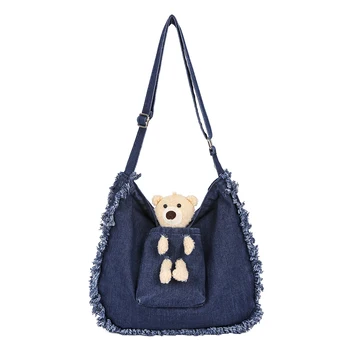 Женская простая дорожная сумка Джинсовая сумка для книг с мини-медведем большой емкости Ежедневная рабочая сумка для покупок