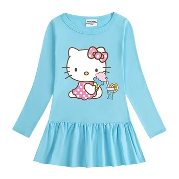 Sanrio Hello Kitty 2021 мультфильм детская футболка с длинными рукавами для девочек хлопковое платье с круглым вырезом плиссированная детская детская юбка
