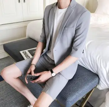 Мужской костюмный комплект Slim Fit Half Sleeve Длина до колена Брюки в корейском стиле горка костюм для мужчин Для летней куртки с короткими брюками