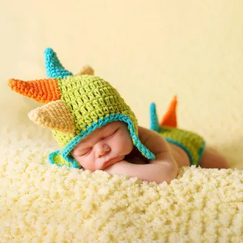 Новорожденный Вязаные Животные Одежда Динозавр Мальчик Фотография Одежда Набор Реквизит Ребенок 100 Дней Полнолуние Фото