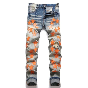  Новинка 2022 года Синие оранжевые кожаные джинсы с заплаткой Звезда Джинсы High Street Джинсы для мужчин Индивидуальность Эластичные джинсовые брюки с тонким отверстием