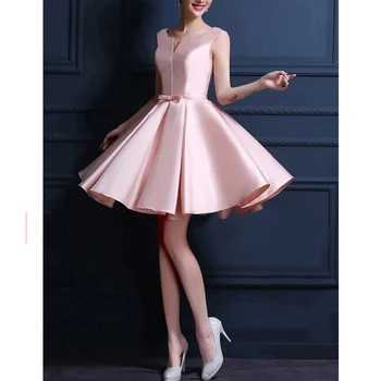 Элегантные вечерние платья с V-образным вырезом Короткие розовые атласные A Line فستان المساء Вечернее платье Homecoming с бантом