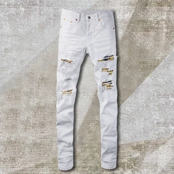 2024 Модные мужские белые джинсы High Street Брюки с заплатанным отверстием Джинсовые мотоциклетные штаны Мужские панк Тонкие длинные брюки Джинсовые джинсы Hombre