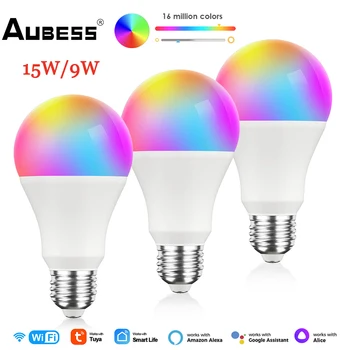 Aubess 15 Вт / 9 Вт WiFi Умная лампочка Bluetooth-совместимый B22 E27 LED RGBCW Умная лампочка Голосовое управление через Google Home Yandex Alice