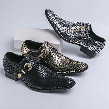 Новый мужской британский тренд Золотые кожаные ботинки челси с пряжкой с заостренным носком Серебряные банкетные туфли Черные мокасины Мужская обувь