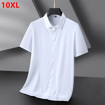 Летняя мужская рубашка больших размеров с короткими рукавами плюс повседневная рубашка из высокоэластичного ледяного шелка однотонная 160кг 10xl Белая рубашка 9XL