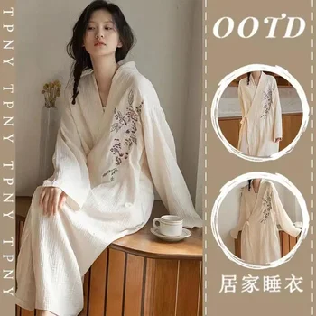 Женская пижама Новый китайский ретро однотонный весенний и осенний домашний халат в длинной секции свободных ночных рубашек на бретелях