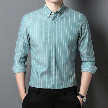 Мужская одежда из 100% хлопка Осенняя повседневная офисная мужская полосатая рубашка Рубашка с длинным рукавом S-4XL