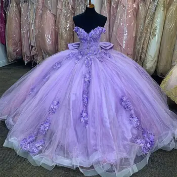 ANGELSBRIDEP Лаванда Quinceañera Платья с бантом 3D Цветы Аппликации Vestidos de 15 Años Формальное Бальное Платье На День Рождения