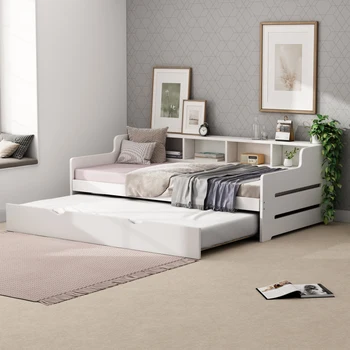 Продуманный дизайн Деревянная кушетка двойного размера с раскладкой для гостевой комнаты, небольшой спальни, кабинета, серый/белый