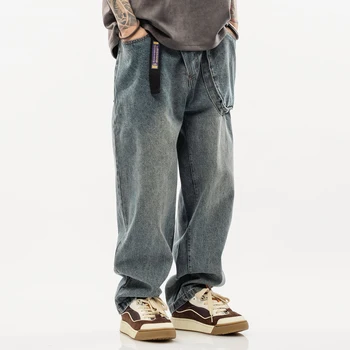 американский хип-хоп хай-стрит джинсы мужская одежда Harajuku Высококачественные повседневные джинсовые брюки-карго корейские модные мешковатые брюки