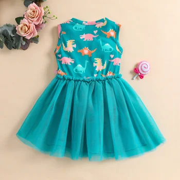 Летнее повседневное платье для девочек, марля с принтом динозавра с круглым вырезом без рукавов 1 шт. для детей, 1-6 лет, розовый/зеленый