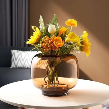  Простая и современная круглая ваза с большим ртом прозрачная цветочная композиция гостиная обеденный стол стеклянные утолщающие украшения