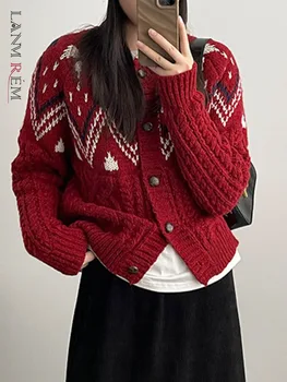 LANMREM Корейский геометрический жаккардовый вязаный свитер в стиле ретро Женский женский свитер с круглым вырезом и контрастными мягкими поворотами Свитер Рождественская одежда 2DA2536