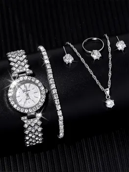 6 штук модного и универсального инкрустированного бриллиантами горного хрустального хрусталя ЖЕНСКИЕ серебряные кварцевые стальные часы + ожерелье + серьги + кольцо + br