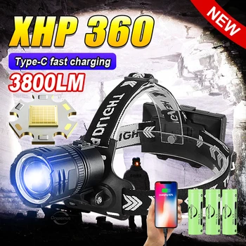 XHP360 Головной фонарь USB Ультра перезаряжаемый мощный светодиодный налобный фонарь Супер яркий налобный фонарик на открытом воздухе Кемпинг Рыбалка Налобный фонарь