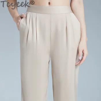Tcyeek 95% Mulberry Real Silk Элегантные женские брюки Высокая талия Тонкие шаровары Женская одежда Повседневные брюки до щиколотки Femme