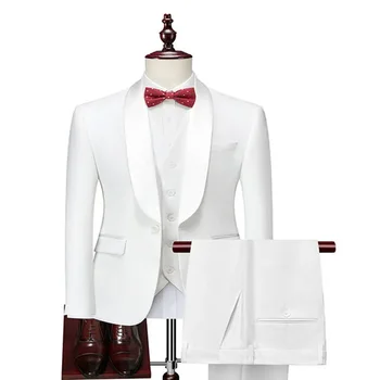 Новый мужской белый фруктовый воротник (костюм + жилет + брюки) Деловой ужин Свадебный цветочный костюм Облегающий набор из трех частей