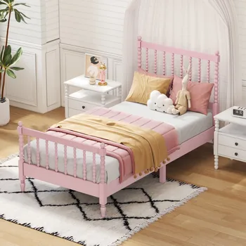  Двухместная деревянная кровать с изголовьем и изножьем в форме тыквы, легко собирается, прочная и долговечная, белый/розовый