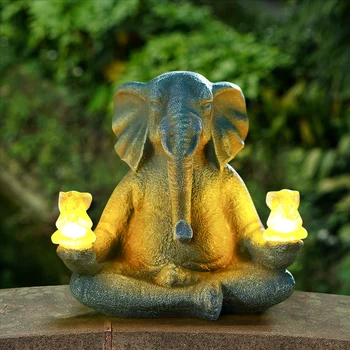 Статуя медитирующего слона на солнечных батареях Креативные фигурки слонов Zen Сидящий слон Скульптура для сада Патио Двор Лужайка