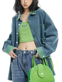 XFPV Женская однобортная джинсовая рубашка с длинным рукавом в стиле пэчворк Свободная куртка Топ Корейская мода Прилив Весна Осень 2023 SM8210