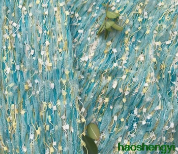 Высококачественная сине-зеленая европейская корневая пряжа, плиссированная текстура, кисточка, ткань для вышивки одежды