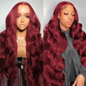 99J Бордовый 13x6 HD Кружевной передний парик Body Wave Красный цвет Парики из натуральных волос 180% 13x6 HD Прозрачный кружевной фронтальный парик 30 32 34 дюйма