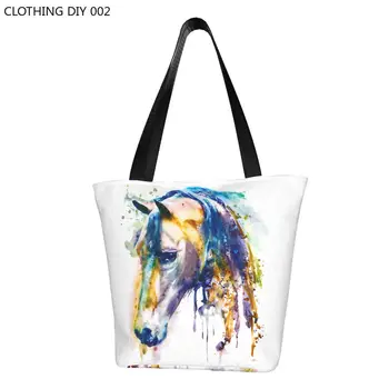 Модный принт Голова лошади Акварельная сумка для покупок Портативная холст Шоппер Плечо Животное Абстрактное искусство Сумка