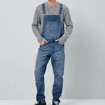  Мягкий дышащий мужской джинсовый комбинезон с подтяжками Длинные брюки Невыцветающий однотонный джинсовый комбинезон с несколькими карманами для мужчин