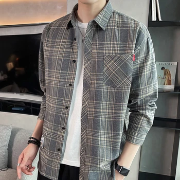 Новая модная клетчатая рубашка Мужская повседневная с длинным рукавом в гонконгском стиле Молодежный топ Ежедневный Молодой студент Дропшиппинг