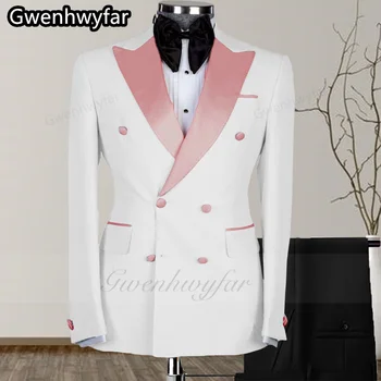 Gwenhwyar 2023 Новейший дизайн Белый мужской костюм Двухрядная пуговица Роза Розовый остроконечный лацкан Свадебный банкет Жених Смокинг