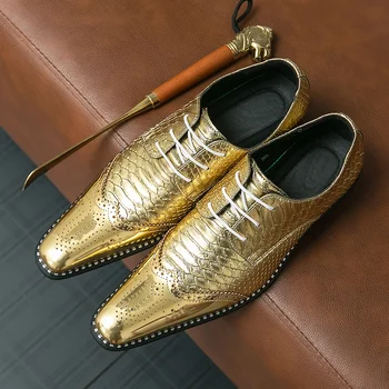 Новая золотая обувь для мужчинметаллический ветер квадратный носок на шнуровке свадебная обувь для мужчин размер 38-46 бесплатная доставка мужская обувь