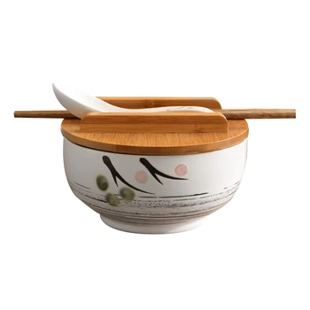 Японская миска для рисовой лапши с крышкой, ложка, палочки для еды, кухонная посуда, керамический салат, суповая миска, пищевой контейнер