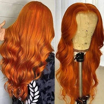 FANXITION Оранжевые длинные волнистые синтетические кружевные передние парики со средней частью тела волна кружева спереди парик для женщин косплей макияж волосы парик