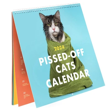 1 шт. 2024 Календарь разъяренных кошек Забавный настенный календарь кошек Креативный календарь Календарь для подвешивания кошек, 12 месяцев Кошка