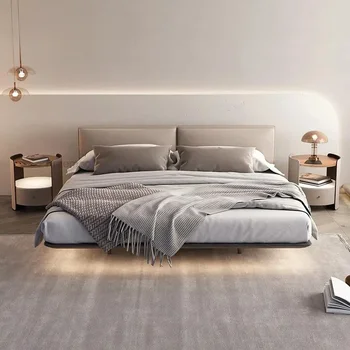  Дизайнерская оптовая минималистичная мебель Beroom Подвесная кровать с прикроватной тумбочкой Led Nights King Size Тканевая кровать Домашняя мебель