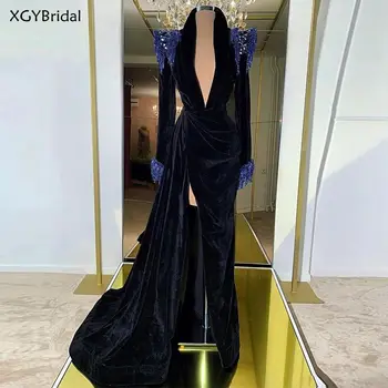Новейший кафтан Вечернее платье Кафтан Бархат Арабский Дубай Бисер Длинные рукава Высокий боковой разрез Выпускное платье для вечеринки vestidos de fiesta