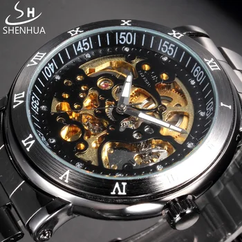  SHENHUA Скелет Механические часы Черный ремешок из нержавеющей стали Прозрачные автоматические часы Мужские часы Черные мужские наручные часы