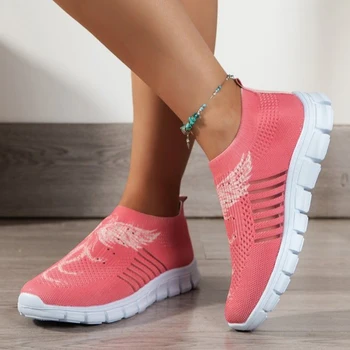 летние дышащие трикотажные кроссовки для женщин Slip On Soft Sole Printed Flats Woman Light Nonslip Casual Walking Shoes Plus Size