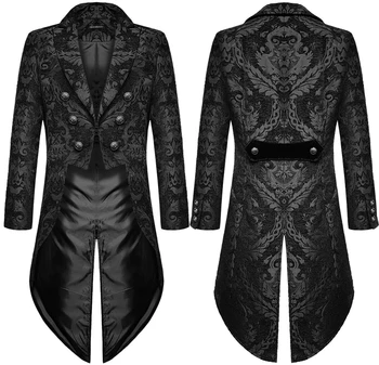 Дьявольская мода Мужская готическая стимпанк Фрак Куртка Черная парча Дамасская свадьба