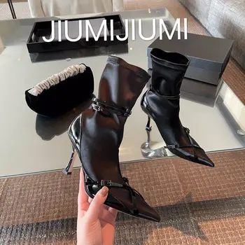 Новая обувь ручной работы JIUMIJIUMI Женские сапоги с острым носком и сверхвысокими тонкими каблуками до середины икры для женщин Сексуальные сапоги с узким ремешком