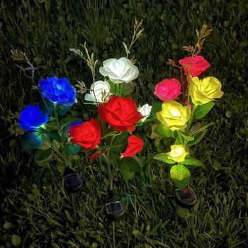 LED Солнечная симуляция Роза Цветок Свет Сад Двор Газон Ночник Фонарь Ландшафтный Сад Украшение Дома 3 Головы Цветы