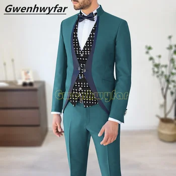 Gwenhwyfar Новейший дизайн Высококачественное банкетное мужское платье Смокинг Темно-синий ободок Бирюзовая сценическая одежда для джентльмена (куртка + жилет + брюки)