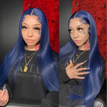 Темно-синий прямой кружевной фронтальный парик из натуральных волос бразильский 13X6 кружевной передний парик темно-синий 250% плотности полный кружевной парик для женщин