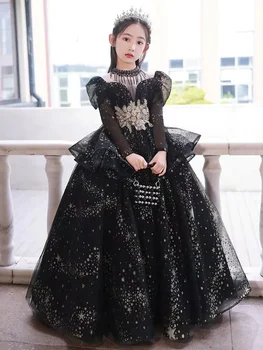  Прекрасное черное бальное платье Платья для цветочницы Кружева с оборками для свадьбы Первое причастие Детский день рождения 2023