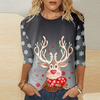 Женская рождественская блузка Зимняя рубашка с круглым вырезом Блузка Уродливая легкая рубашка с длинными рукавами с принтом Однотонный рождественский топ Winte Пуловер