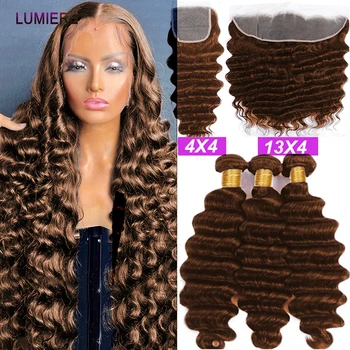 #4 Шоколадно-коричневые свободные пучки глубоких волн из натуральных волос с застежкой Frontal 5x5 HD Remy Бразильское плетение волос с застежкой