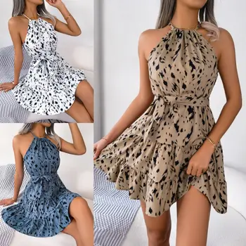 Setiadia вечеринка вечер Сексуальное платье Leisure леопардовый принт подол с оборками и большим свисающим вырезом платья продажа для женщин Одежда 2023